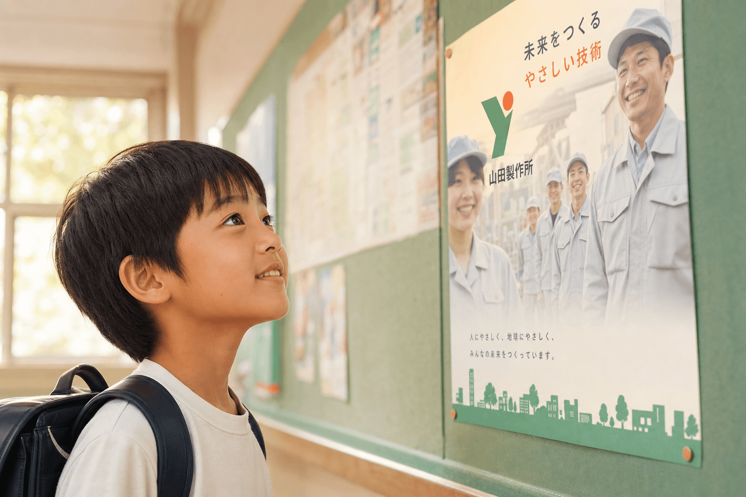 ポスターを見て目を輝かせる小学生